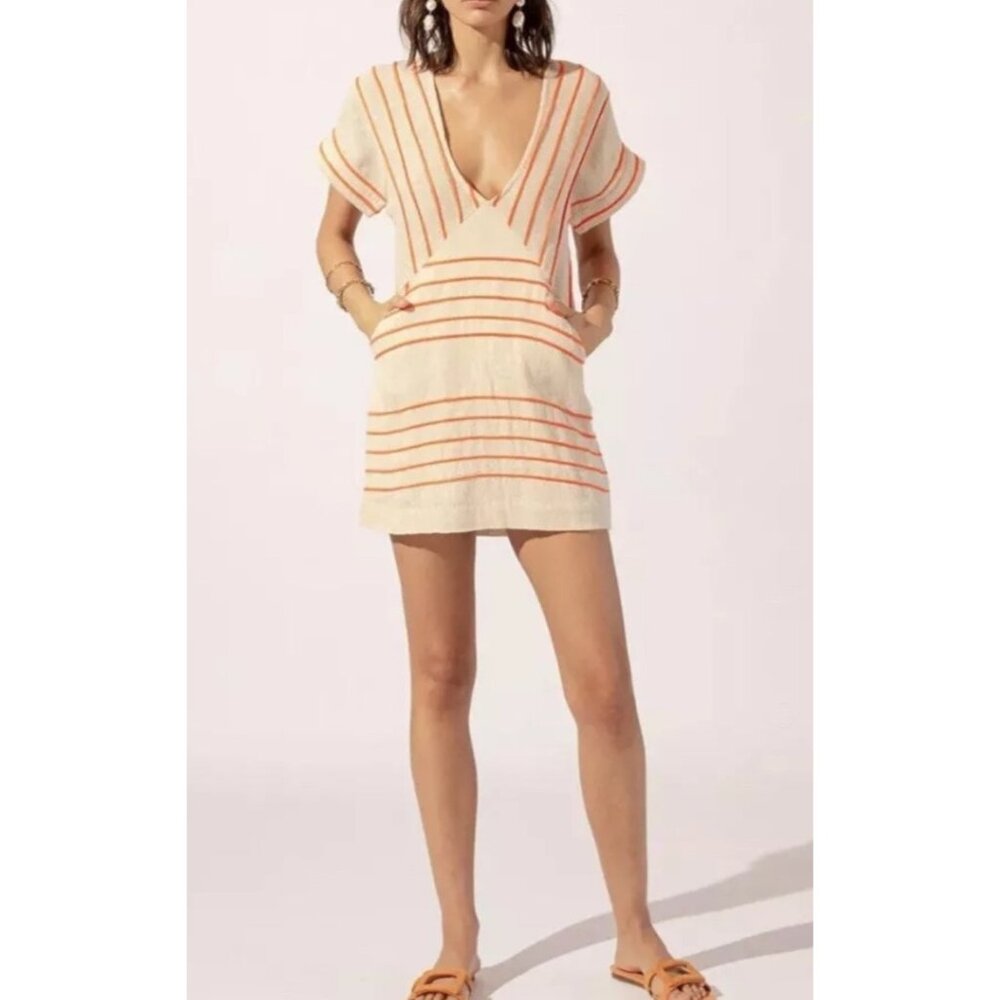 V-Neck Stripe Mini Dress in Cream with Orange Trim